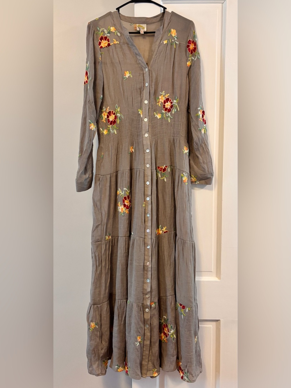 fig and flower Taupe Maxi Dress with Red & Yellow Floral Embroidery
